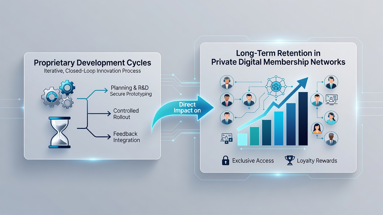 Chart showing retention rates over time in private membership networks influenced by development cycle lengths